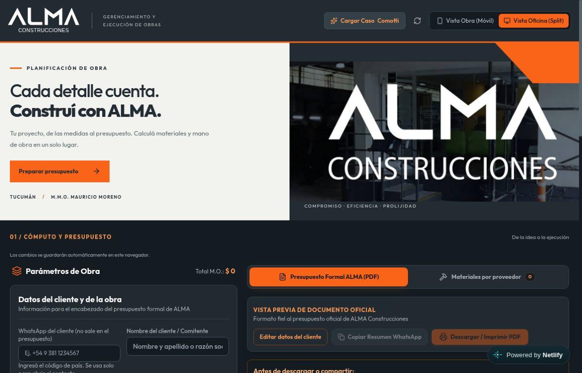 Vista pública inicial de ALMA Construcciones con su identidad y el espacio de cómputo y presupuesto sin datos de clientes