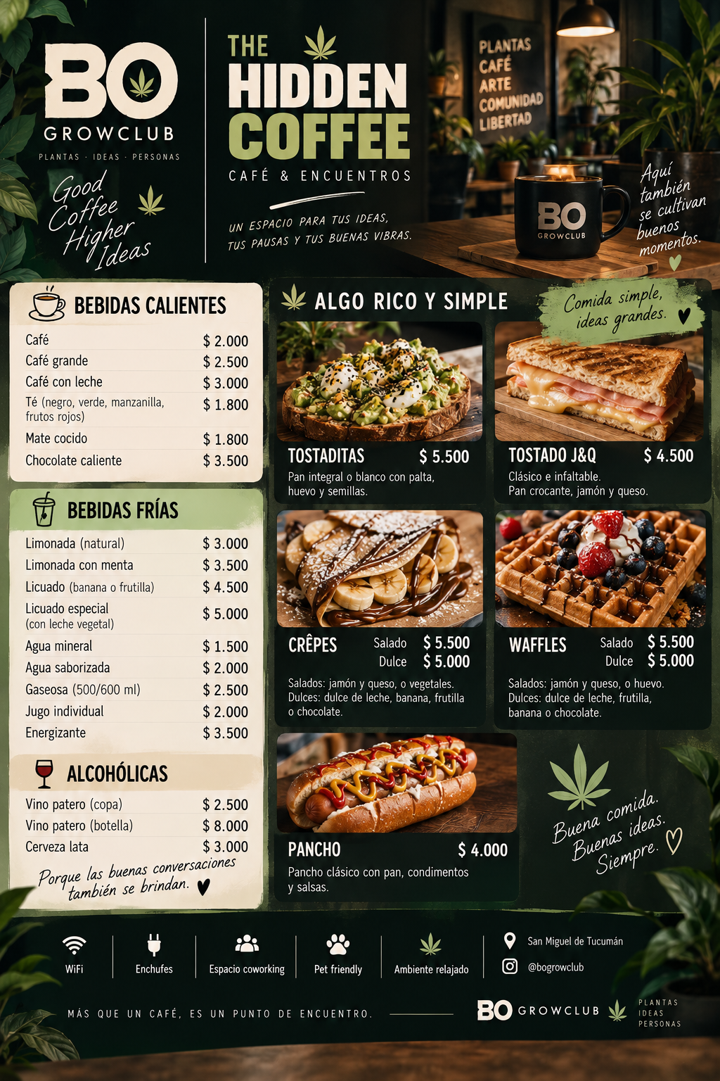 Pieza de identidad y carta de The Hidden Coffee y BO Growclub