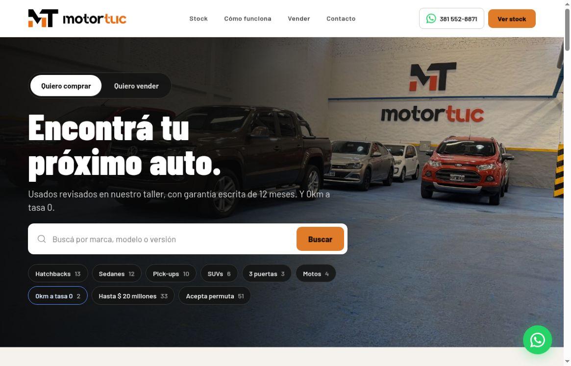 Sitio público de MotorTuc con vehículos en exhibición y buscador de autos
