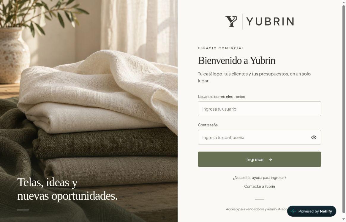 Pantalla pública de acceso de Yubrin Telas & Deco, sin datos de clientes